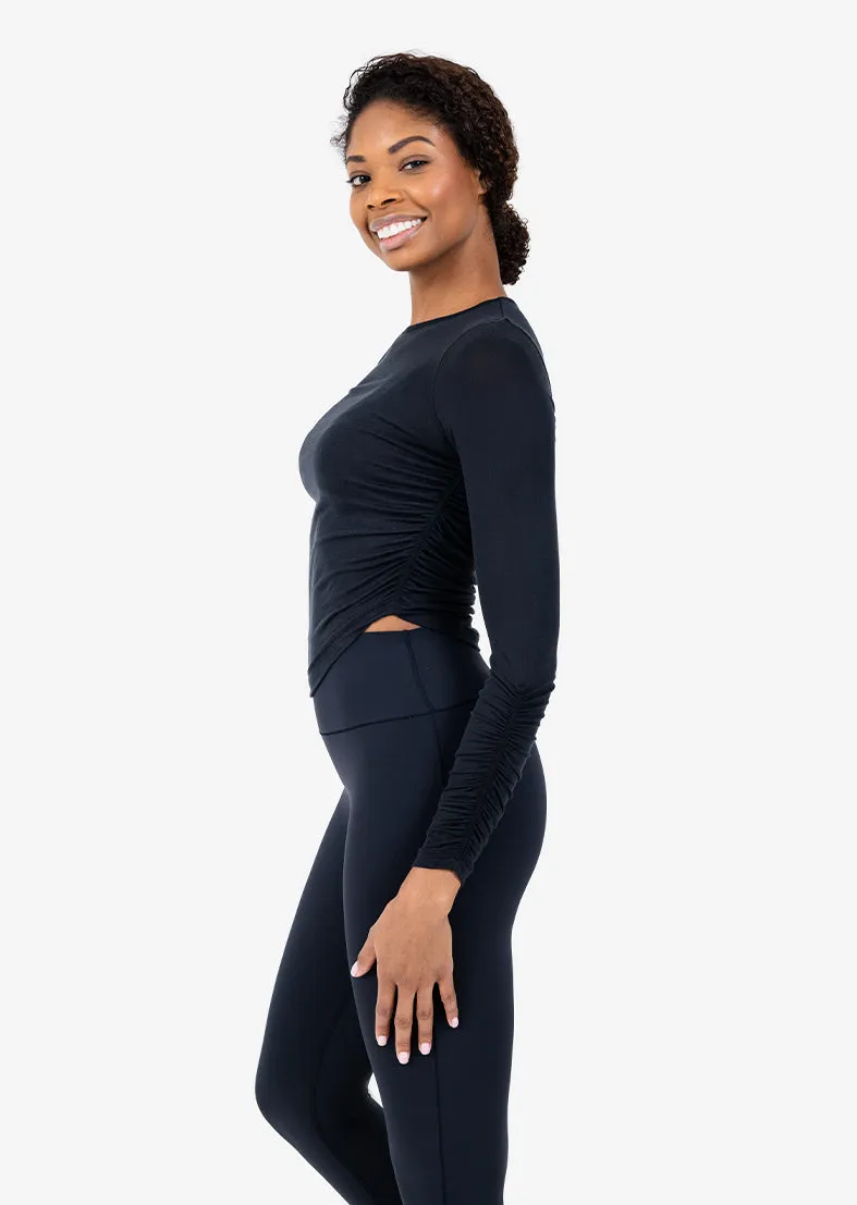 Silk Ruched Long Sleeve Top Black