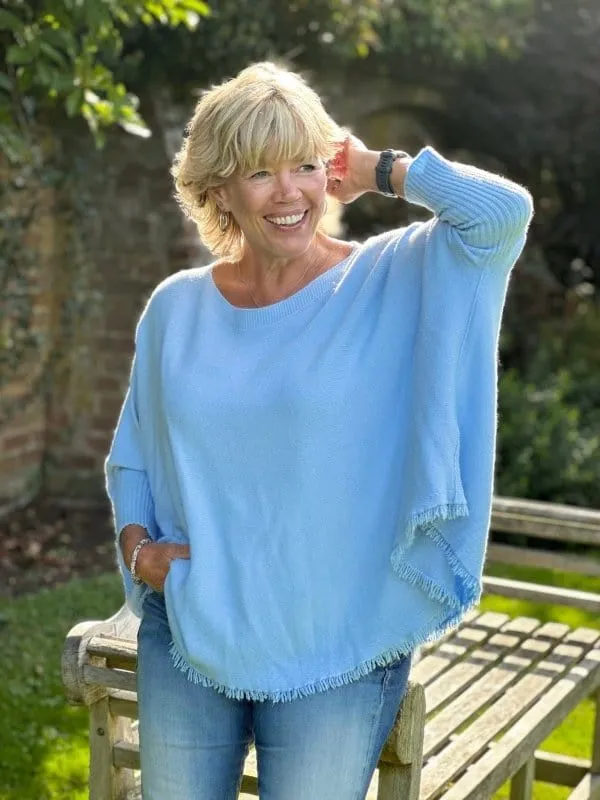 Slash Neck Fringed Poncho Jumper - Pale Blue