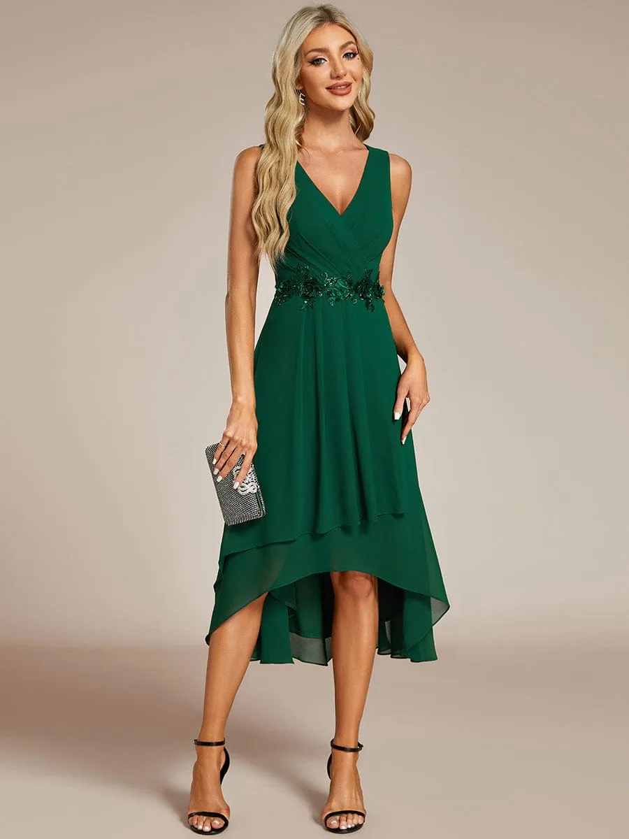 Sleeveless V-Neck High Low Wedding Guest Dress with Floral Applique