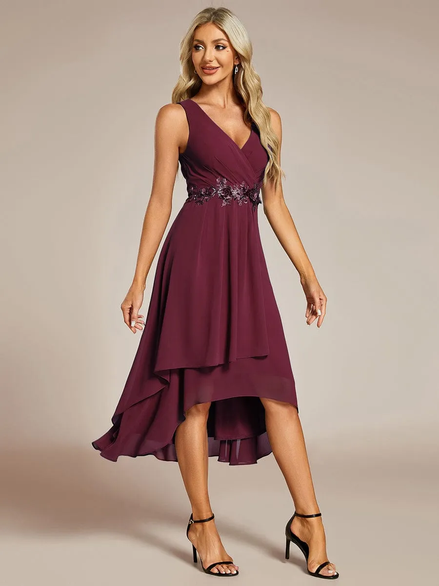 Sleeveless V-Neck High Low Wedding Guest Dress with Floral Applique