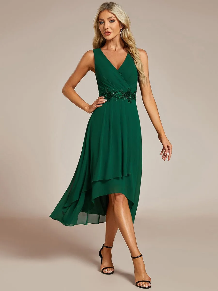 Sleeveless V-Neck High Low Wedding Guest Dress with Floral Applique