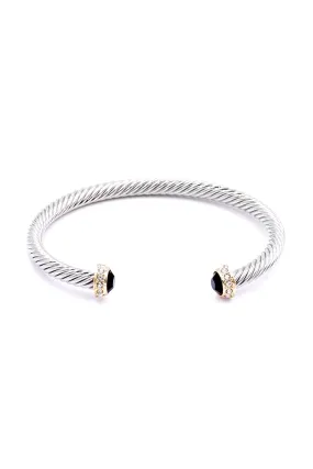 Two-Tone Silver Black Crystal Stainless Steel Cuff Bracelet